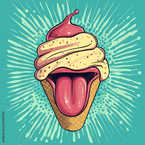 A sexy mouth with tongue out is depicted in a modern pop art style icon illustration design with an ice cream