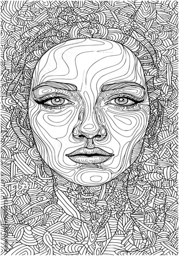 An intricate line drawing of a woman's face, blended with abstract patterns and textures, perfect for contemporary artworks and creative designs