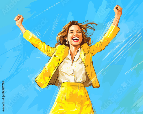 Retro pop art illustrates a confident businesswoman with one hand raised, evoking a classic comic style