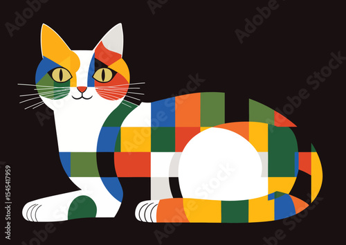 The pop art style of a colorful cat's head is perfect for use on posters, banners, and other items