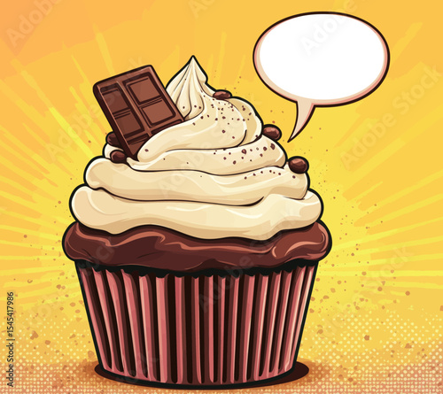 The image showcases a mouthwatering cupcake, embellished with a strawberry half, chocolate pieces, and striped waffle sticks, rendered in a vibrant pop art aesthetic, complete with a dollop of