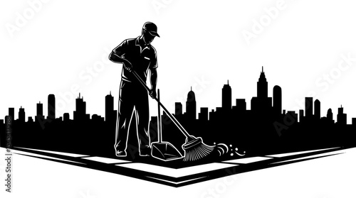 bold black and white silhouette of a street worker cleaning the pavement, highlighting urban dedication and essential community service in action