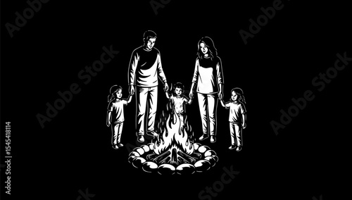A beautiful black and white illustration of a family gathered around a campfire, symbolizing unity, love, and cherished moments together