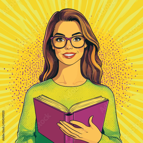 The illustration features a young woman in pop art style, with a background that blends comic and retro pop art elements, suitable for print and web advertising
