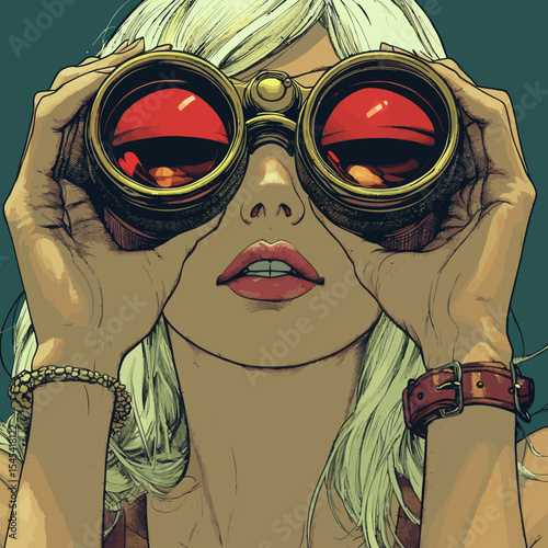 The face of a blonde woman with an open mouth, binoculars, rendered in pop art