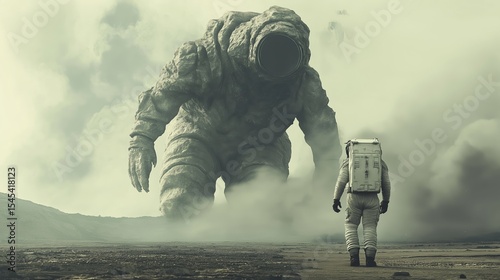 Astronaut encounters a giant creature on a distant alien planet during a foggy atmosphere