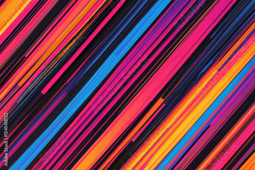Trendy pop art colors, including pink, purple, blue, and yellow, are used in a geometric lined modern design that features a stripes pattern and a multicolor paint brush pattern, often found in