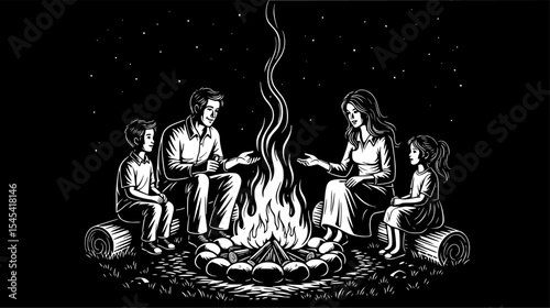 A heartwarming scene of a family sharing stories around a campfire, surrounded by nature, highlighting togetherness and cherished moments under the stars