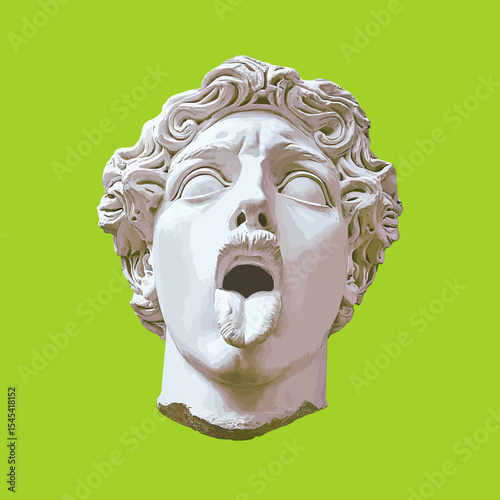 The contemporary design of this collage, which includes a plaster head model, statue, and isolated female portrait on a green background, offers ample negative space for text insertion, embodying a