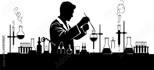 A silhouette of a scientist expertly conducting experiments with various lab equipment, embodying the essence of scientific exploration and innovation