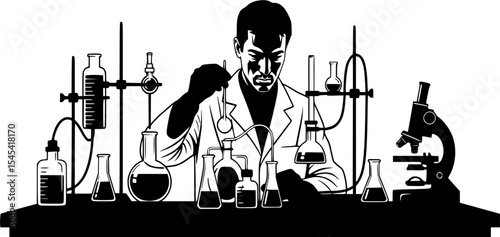 dedicated scientist meticulously conducts an experiment in a vintage-inspired laboratory filled with various scientific apparatus and beakers