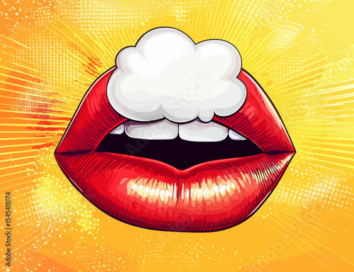 The image depicts red lips of a female in a modern pop art poster, complete with a white speech bubble on a dotted yellow background