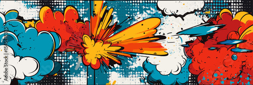 The background of a comic book is colorful and features blank white speech bubbles of different shapes, combined with effects such as rays, radial patterns, halftone, and dots, in a modern pop art