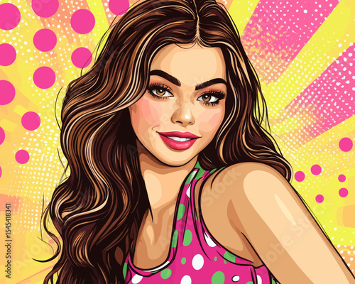 A pop art style illustration of a smiling girl is presented on a retro comic style pop art background, ideal for use in print ads and online