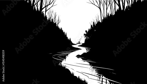 Elegant Serenity: Striking Black and White Silhouette of a Meandering River Framed by Trees, Capturing the Essence of Nature's Tranquility