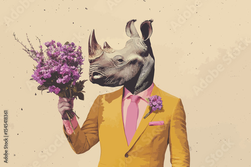 The fusion of a rhinoceros head with a business multi-colored suit creates a modern design that showcases a unique personality and character, ideal for a magazine or web design that incorporates