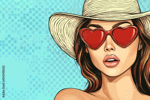 The illustration features a woman wearing sunglasses, a sun hat, and a speech bubble, created in a comic style, pop art modern aesthetic