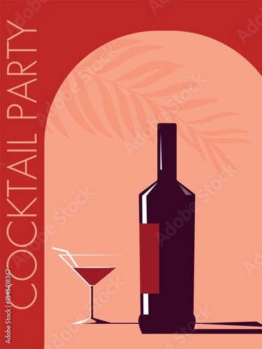 Vector illustration of alcohol bottle, cocktail glass, shadows and palm leaves. Cocktail party poster design, restaurant banner, beach bar, tropics. Martini, margarita, champagne, relaxation, drink