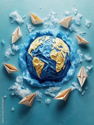 Blue globe surrounded by origami cranes