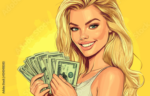 The image is a modern pop art illustration of a blonde young woman enthusiastically holding cash, designed to announce discounts and sales in a vibrant pop art style