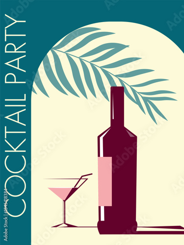 Cocktail party on the beach, open air bar, summer area. Bottle of alcohol, flat glass, chilling with friends, martini, margarita, booze