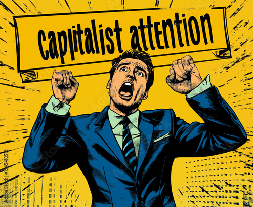 A businessman yelling in a loud manner is depicted in a pop art style retro comic book illustration, symbolizing a business concept