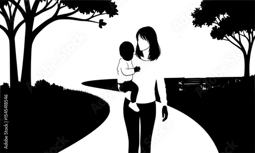 Elegant Silhouette of a Mother Carrying Her Child Along a Serene Pathway Surrounded by Nature, Evoking Love and Togetherness