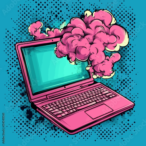 Smoking broken laptop depicted in a pop art retro modern illustration with a comic book style imitation