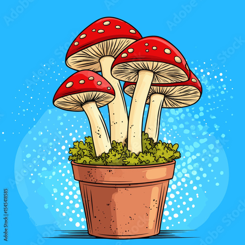 A pop art inspired illustration featuring fly agaric amanita mushrooms in a flower pot, with a retro modern comic book aesthetic