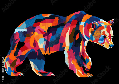 A bear with bright colors is depicted in a pop art style on a plain black background in isolation