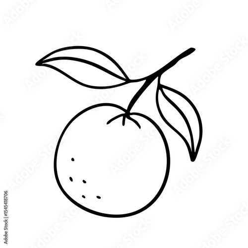 Hand-drawn orange with leaves in minimalistic doodle style. Black ink vector line art, perfect for summer packaging, branding, logo design, and organic food illustration.