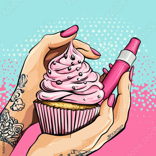 Confectioner's hands hold a pastry bag to create decorations on a cake with cream, shown in a retro modern pop art illustration imitating comic books