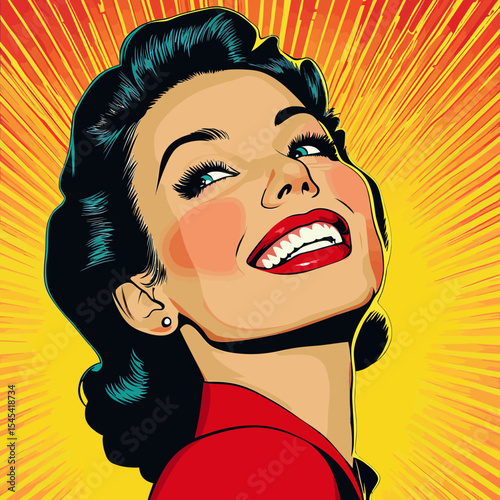 The image features a smiling woman rendered in cartoon pop art style on a red backdrop