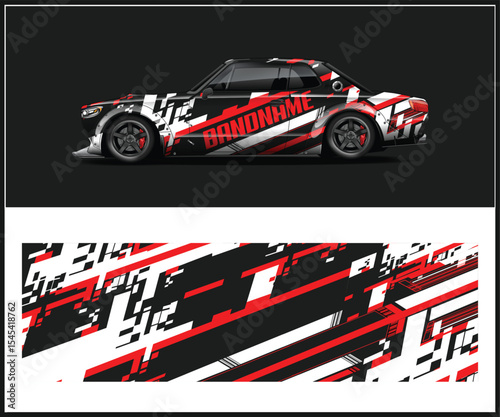 Sleek Sports Car with Bold Red White and Black Racing Livery Design
