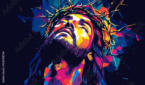 The art piece features a colorful abstract depiction of Jesus, utilizing impasto painting, alongside a banner of Christ in a crown of thorns, designed in a pop art style, suitable for Easter and Good