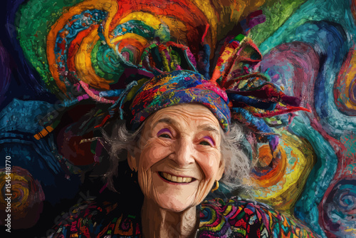 An elderly woman with curly blue and white hair, smiling, is the subject of a pop art portrait set against a colorful background, symbolizing an old grandma or granny, created using Ai generative