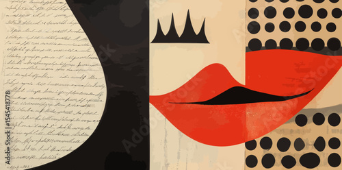 The concept of rebellion and protest is embodied in this modern poster, which incorporates a halftone collage in a punk grunge style, complete with dotted details like a mouth, ear, eye, crown, and
