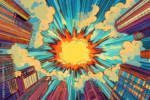 Downtown cityscape illustrated in comic book style art, created digitally using generative AI techniques