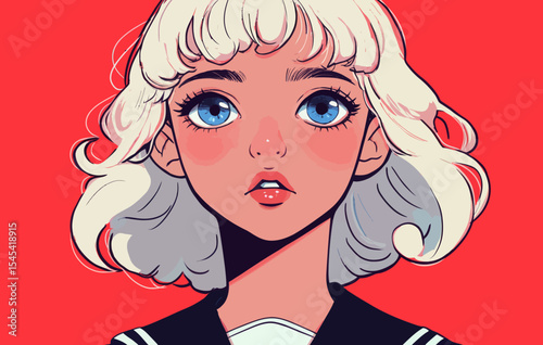 Stock features a portrait of a fashionable woman created in pop art anime style