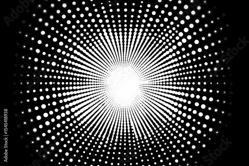 The background features a modern halftone gradient of sun rays, an abstract design of monochrome dots, characteristic of pop art and comics with their small dot patterns, also found in star rays and