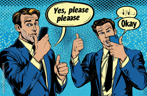The pop art style of comics depicts blue men in different scenarios and with diverse emotions, such as giving a thumbs up, saying "super", "Ok", set against a backdrop of pristine white clouds,