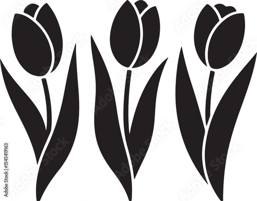 Elegant Black Silhouette Tulips Spring Floral Design Elements