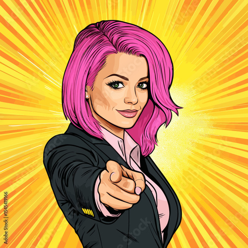 In a modern illustration done in comic style, a uniformed young girl with an attractive appearance smiles cheerfully while pointing at you
