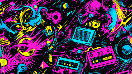 The typical retro background of the 90’s is captured in this Back To The 90's Backdrop on a black background, complete with a 90s Theme Party Decoration and Retro Birthday Sign