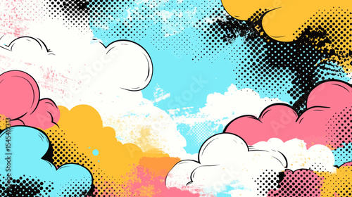 A colorful background in a pop art retro comic style has been designed using a combination of hand drawing, spray paint, and various other artistic elements