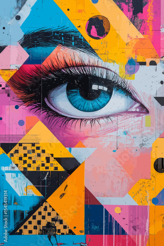 Dynamic patterns and an eye motif come together in this abstract pop art collage