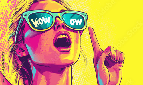 The image features a sexy blonde woman in sunglasses, her mouth agape, accompanied by the word "Wow" in a contemporary pop art style