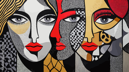 A pop art portrait of two women's faces is characterized by its striking use of bold black and red colors, abstract patterns, and geometric elements