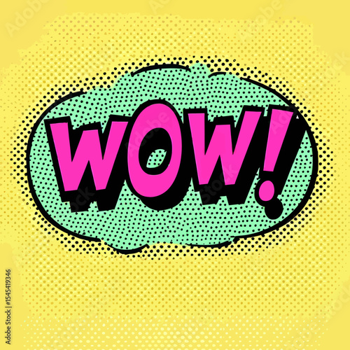 A comic speech bubble, burst balloon, or shout balloon with wow text in a trendy pop art style, positioned in front of a ray background, as a modern illustration