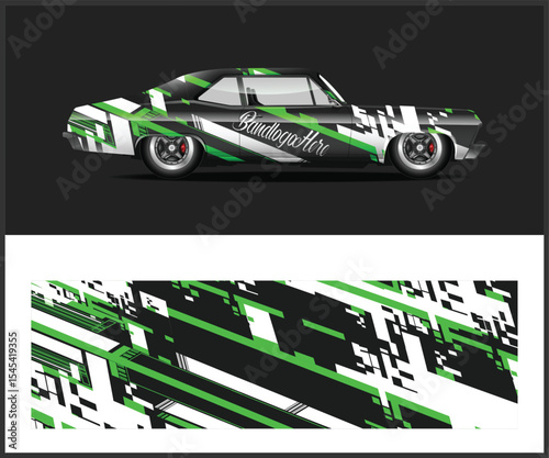 Sleek Black Car with Abstract Green and White Graphics Wrap Design